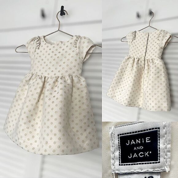 Janie and Jack Holiday Collection Cream Gold Shimmer Dot Dress Size 12-18 Months - Picture 1 of 16